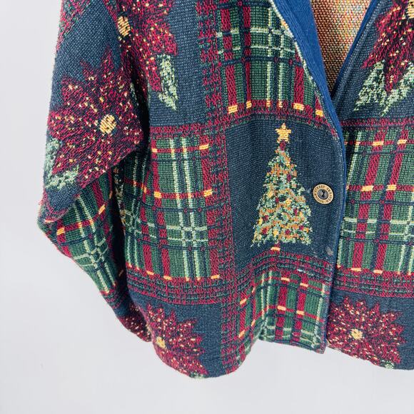 Sugar Street Weavers Tapestry Christmas Jacket Poinsettias Plaid One Size - Picture 7 of 10